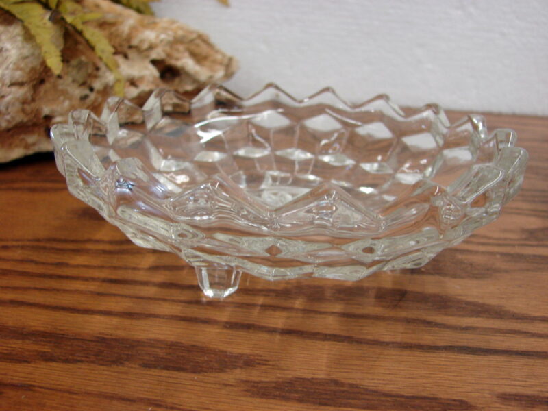 Vintage Crystal Fostoria American Cubist Open 3 Footed Candy Dish, Moose-R-Us.Com Log Cabin Decor