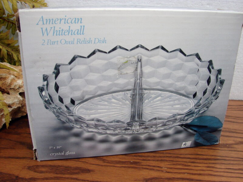 Vintage Crystal Fostoria American Whitehall Cubist 2 Part Oval Relish Dish Box, Moose-R-Us.Com Log Cabin Decor