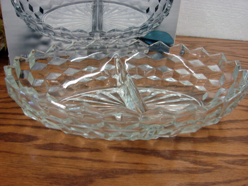 Vintage Crystal Fostoria American Whitehall Cubist 2 Part Oval Relish Dish Box, Moose-R-Us.Com Log Cabin Decor