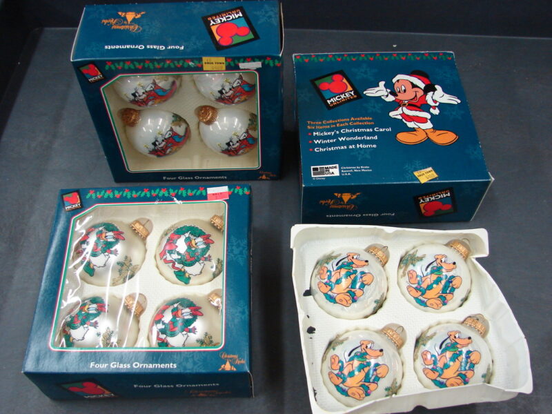 Vintage Set/4 Glass Disney Christmas Ball Ornaments Krebs Pluto Goofy Mickey Minnie, Moose-R-Us.Com Log Cabin Decor