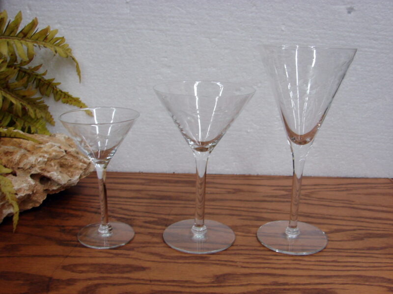 Set/27 Vintage Crystal Etched Cocktail Glasses 3 Sizes Martini Sherry Wine, Moose-R-Us.Com Log Cabin Decor