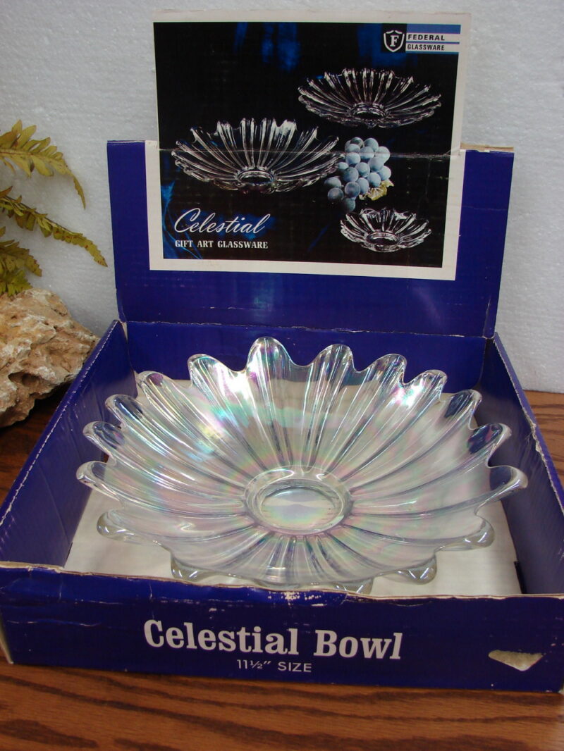 Vintage Federal Glass Celestial Bowl Gift Art Glassware in Original Box Iridescent, Moose-R-Us.Com Log Cabin Decor