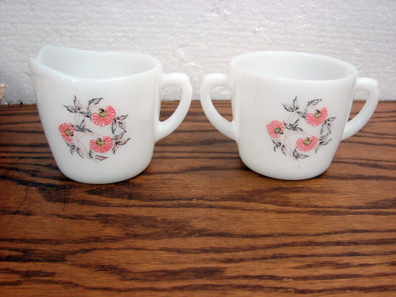 Vintage Fire King Fleurette Milk Glass Creamer Sugar Set, Moose-R-Us.Com Log Cabin Decor