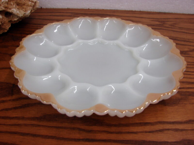 Vintage Fire King Milk Glass Peach Luster Rim Deviled Egg Plate Platter, Moose-R-Us.Com Log Cabin Decor