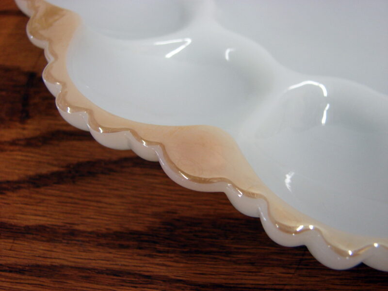 Vintage Fire King Milk Glass Peach Luster Rim Deviled Egg Plate Platter, Moose-R-Us.Com Log Cabin Decor