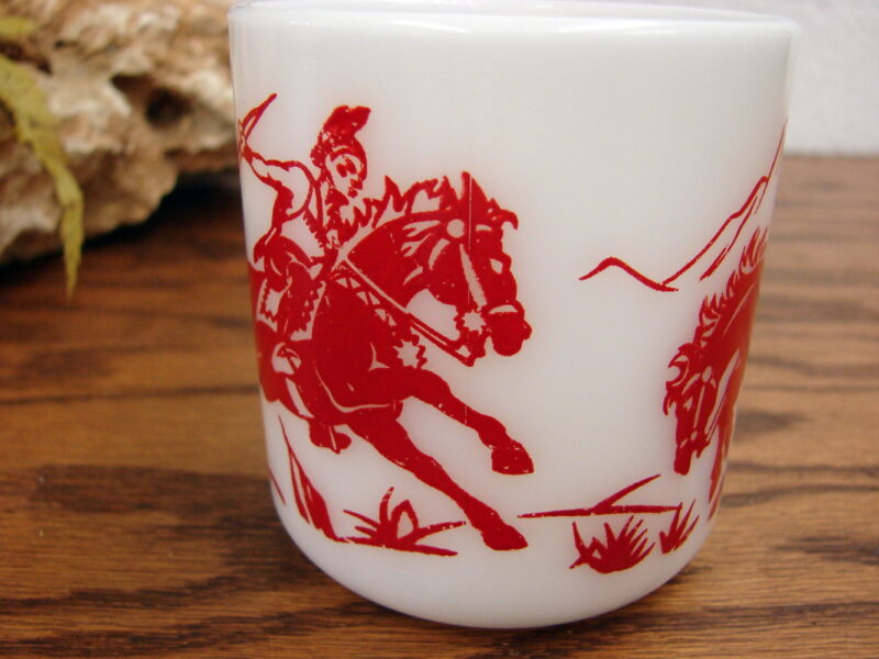 Vintage MCM Hazel Atlas Red Cowboy Indian Childs Mug Milk Glass, Moose-R-Us.Com Log Cabin Decor