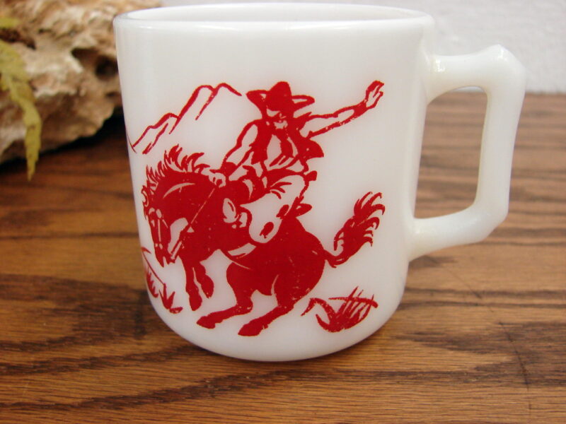 Vintage MCM Hazel Atlas Red Cowboy Indian Childs Mug Milk Glass, Moose-R-Us.Com Log Cabin Decor