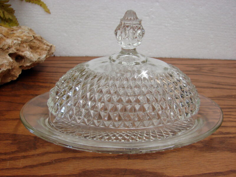 Vintage Indiana Glass Diamond Point Oval Butter Dish w/ Lid, Moose-R-Us.Com Log Cabin Decor