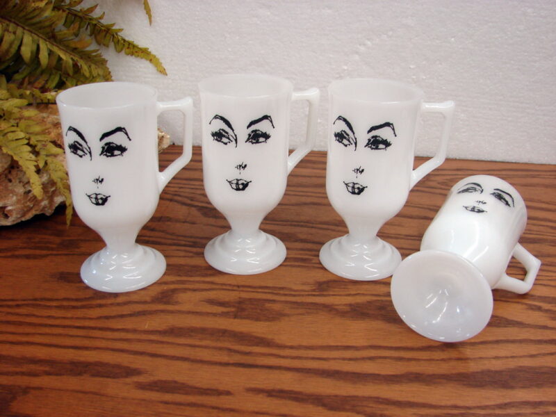 Vintage Indiana Glass Milk Glass Pedestal Face Mugs Black Silhouette, Moose-R-Us.Com Log Cabin Decor