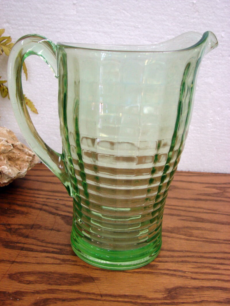 Vintage Jeanette Glass Block Optic Green Depression Glass Pitcher, Moose-R-Us.Com Log Cabin Decor