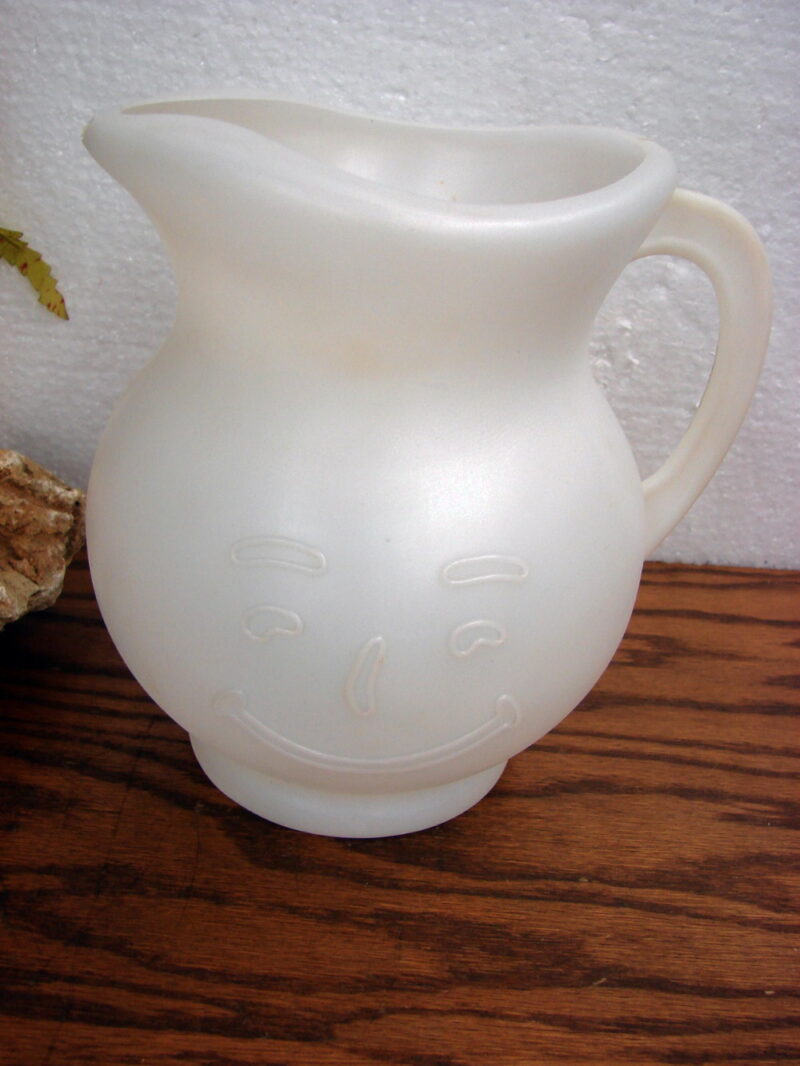 Vintage White Plastic Pitcher Kool Aid Face Jug, Moose-R-Us.Com Log Cabin Decor