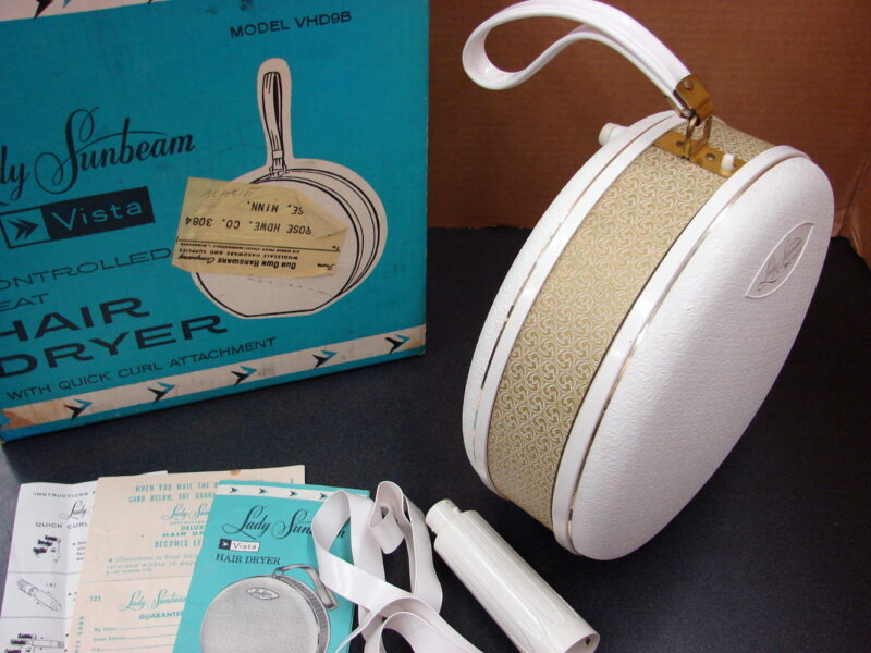 Vintage MCM Lady Sunbeam Vista Bonnet Hair Dryer Travel Size Case, Moose-R-Us.Com Log Cabin Decor