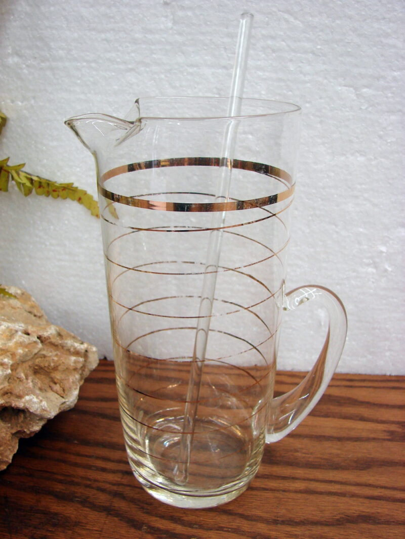 Vintage Blown Glass Martini Pitcher with Stir Stick Gold Swirl Line, Moose-R-Us.Com Log Cabin Decor