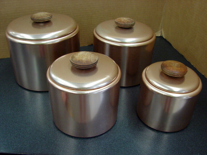 Set/4 Vintage Mirro Aluminum Copper Tone Canister Set Large Wood Knob Lids, Moose-R-Us.Com Log Cabin Decor