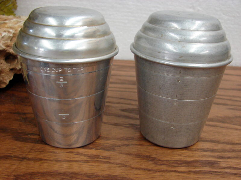 Set/2 Vintage Mirro Aluminum Measuring One Cup Shaker w/ Lid, Moose-R-Us.Com Log Cabin Decor