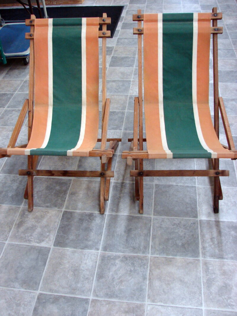 Set/2 Matching Vintage MCM Fold-up Striped Canvas Sling Sand Beach Rocking Chair, Moose-R-Us.Com Log Cabin Decor