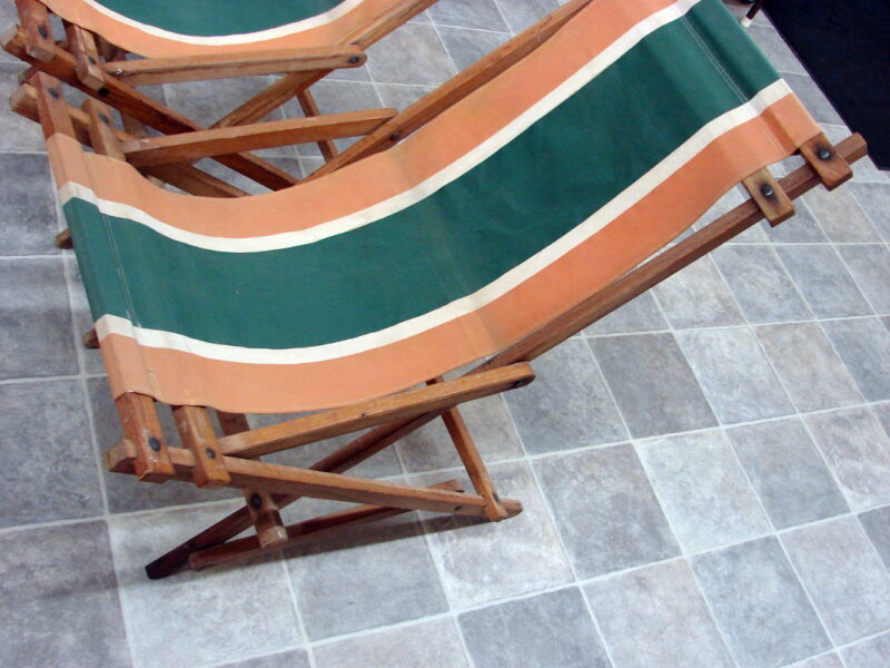 Set/2 Matching Vintage MCM Fold-up Striped Canvas Sling Sand Beach Rocking Chair, Moose-R-Us.Com Log Cabin Decor