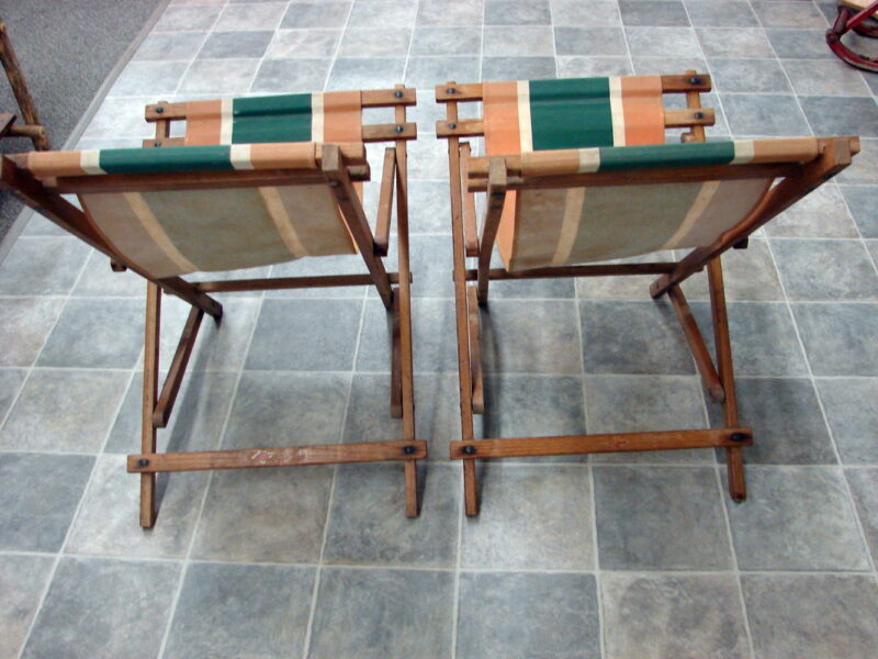 Set/2 Matching Vintage MCM Fold-up Striped Canvas Sling Sand Beach Rocking Chair, Moose-R-Us.Com Log Cabin Decor