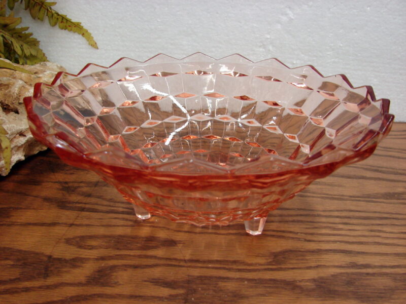 Vintage Pink Fostoria American Cubist 3 Footed Fruit Serving Bowl, Moose-R-Us.Com Log Cabin Decor