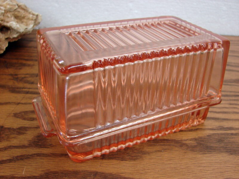 Vintage Pink Ribbed Depression Glass One Pound Butter Dish w/ Lid, Moose-R-Us.Com Log Cabin Decor