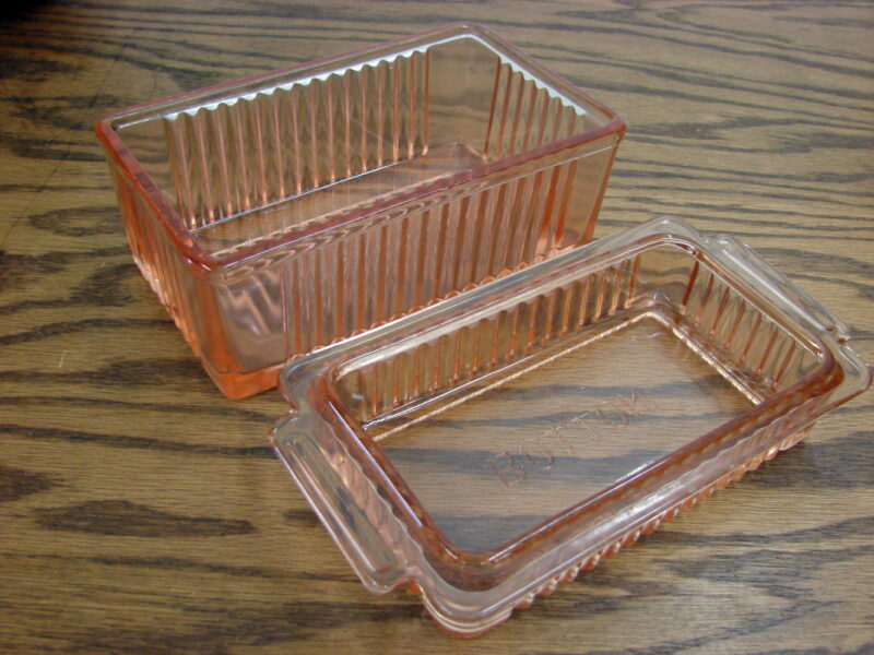 Vintage Pink Ribbed Depression Glass One Pound Butter Dish w/ Lid, Moose-R-Us.Com Log Cabin Decor