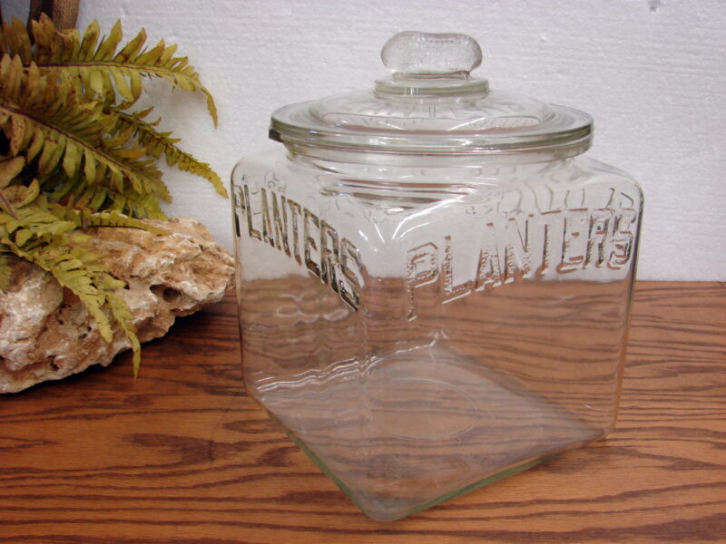 Vintage Planters Peanuts Glass Jar Advertising Display Square Peanut Finial Lid, Moose-R-Us.Com Log Cabin Decor