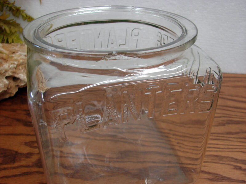 Vintage Planters Peanuts Glass Jar Advertising Display Square Peanut Finial Lid, Moose-R-Us.Com Log Cabin Decor