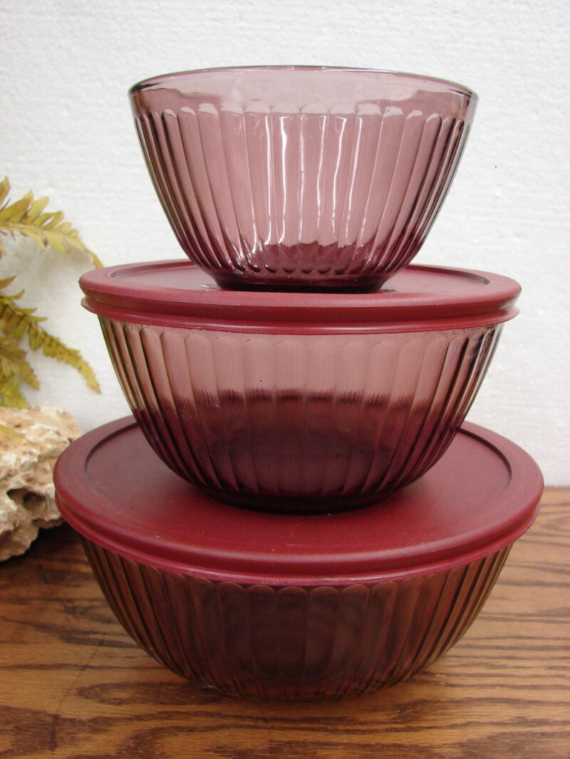 Vintage PYREX Cranberry Ribbed Mixing Nesting Bowls Set/3 Storage Lids, Moose-R-Us.Com Log Cabin Decor