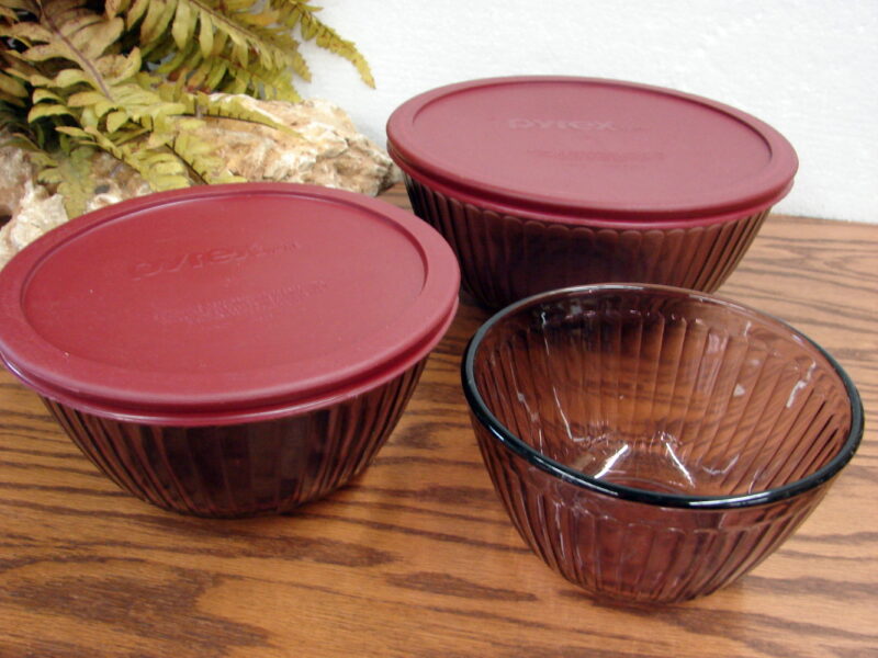 Vintage PYREX Cranberry Ribbed Mixing Nesting Bowls Set/3 Storage Lids, Moose-R-Us.Com Log Cabin Decor