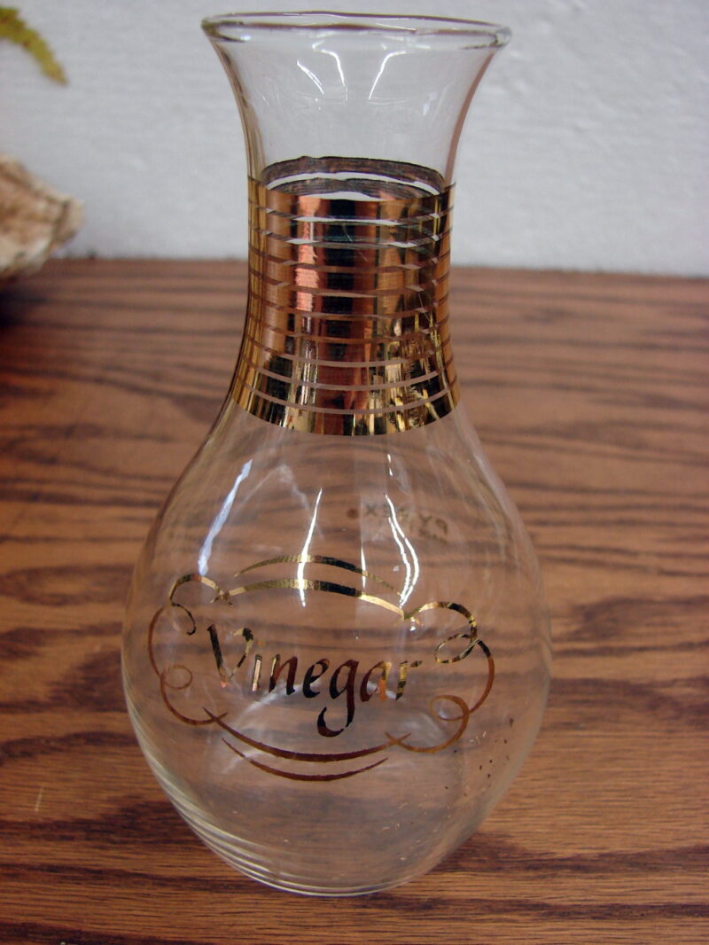 Vintage PYREX Clear Glass Gold Stripe Vinegar Cruet no Lid Cute Vase, Moose-R-Us.Com Log Cabin Decor