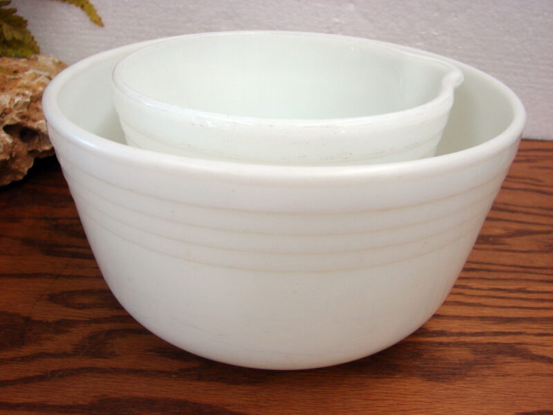 Vintage PYREX Hamilton Beach White Milk Glass Stand Mixing Bowls Set/2, Moose-R-Us.Com Log Cabin Decor