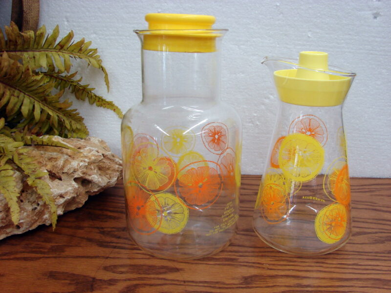 Vintage PYREX Lemonade Orange Juice Carafe Two Sizes w/ Lids, Moose-R-Us.Com Log Cabin Decor