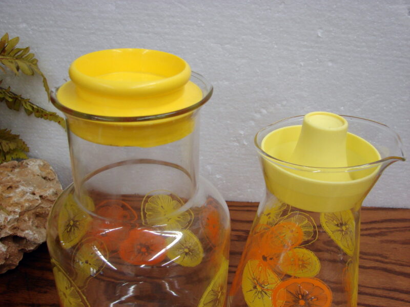 Vintage PYREX Lemonade Orange Juice Carafe Two Sizes w/ Lids, Moose-R-Us.Com Log Cabin Decor