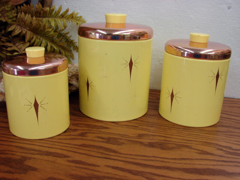 Vintage Ransburg Metal Canister Set Copper Lids Yellow Atomic Star, Moose-R-Us.Com Log Cabin Decor