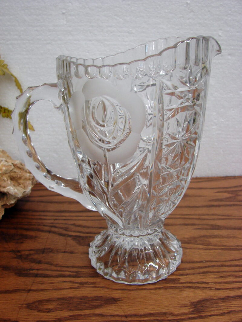 Heavy Cut Crystal Glass Embossed Etched Rose Footed Pitcher 9&#8243;, Moose-R-Us.Com Log Cabin Decor