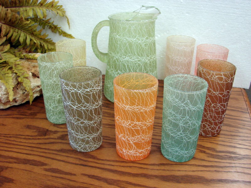 Vintage Color Craft Spaghetti String MCM 8 High Ball Drinking Glasses + Pitcher, Moose-R-Us.Com Log Cabin Decor