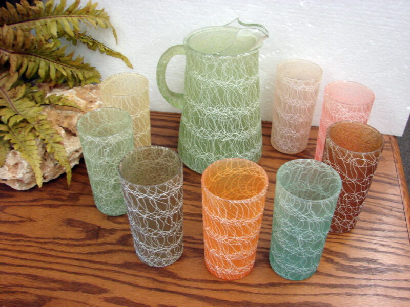 Vintage Color Craft Spaghetti String MCM 8 High Ball Drinking Glasses + Pitcher, Moose-R-Us.Com Log Cabin Decor