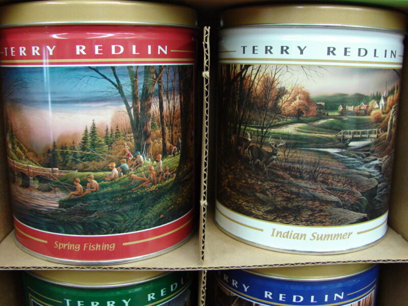 Set/4 Terry Redlin EMPTY Popcorn Tins Seasons in Original Box, Moose-R-Us.Com Log Cabin Decor