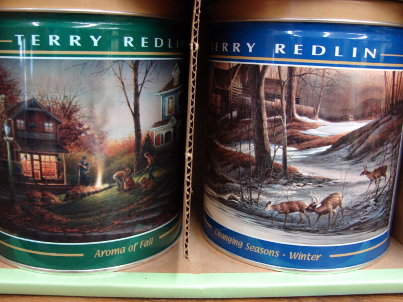 Set/4 Terry Redlin EMPTY Popcorn Tins Seasons in Original Box, Moose-R-Us.Com Log Cabin Decor