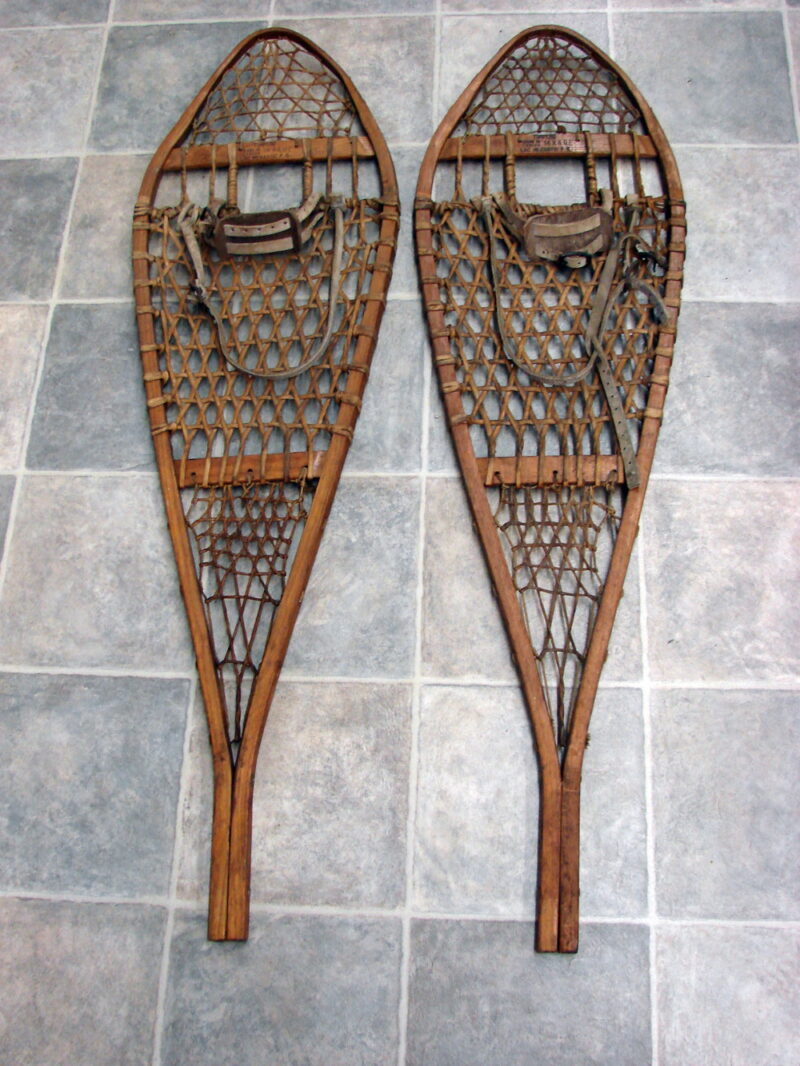 Vintage Ski Lodge Decor Lac Megantic Canada Torpedo Wood Rawhide Snow Shoe Set, Moose-R-Us.Com Log Cabin Decor