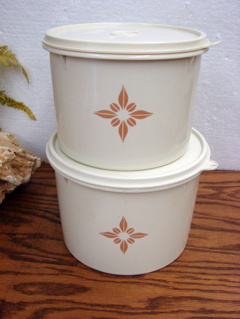 Vintage Tupperware Set/2 Almond Bronze Starburst Canister #264 265, Moose-R-Us.Com Log Cabin Decor