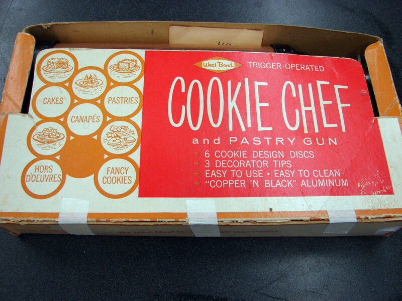 Vintage West Bend Cookie Chef and Pastry Gun in Original Box Trigger Discs, Moose-R-Us.Com Log Cabin Decor