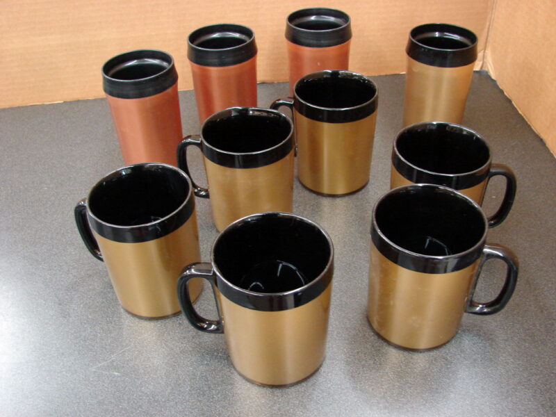 West Bend Thermo Serv 10 pc Lot Mugs and Tumblers Gold/Copper Tone, Moose-R-Us.Com Log Cabin Decor