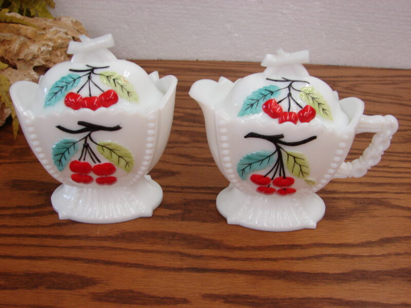 Vintage Westmoreland Milk Glass Hand Painted Grape Cherry Cream Sugar w/ Lids, Moose-R-Us.Com Log Cabin Decor