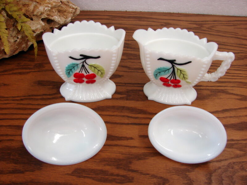 Vintage Westmoreland Milk Glass Hand Painted Grape Cherry Cream Sugar w/ Lids, Moose-R-Us.Com Log Cabin Decor