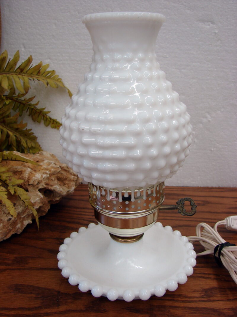 Vintage White Milk Glass Hobnail Boudoir Table Lamp w/ Matching Chimney Shade, Moose-R-Us.Com Log Cabin Decor