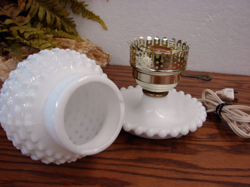 Vintage White Milk Glass Hobnail Boudoir Table Lamp w/ Matching Chimney Shade, Moose-R-Us.Com Log Cabin Decor