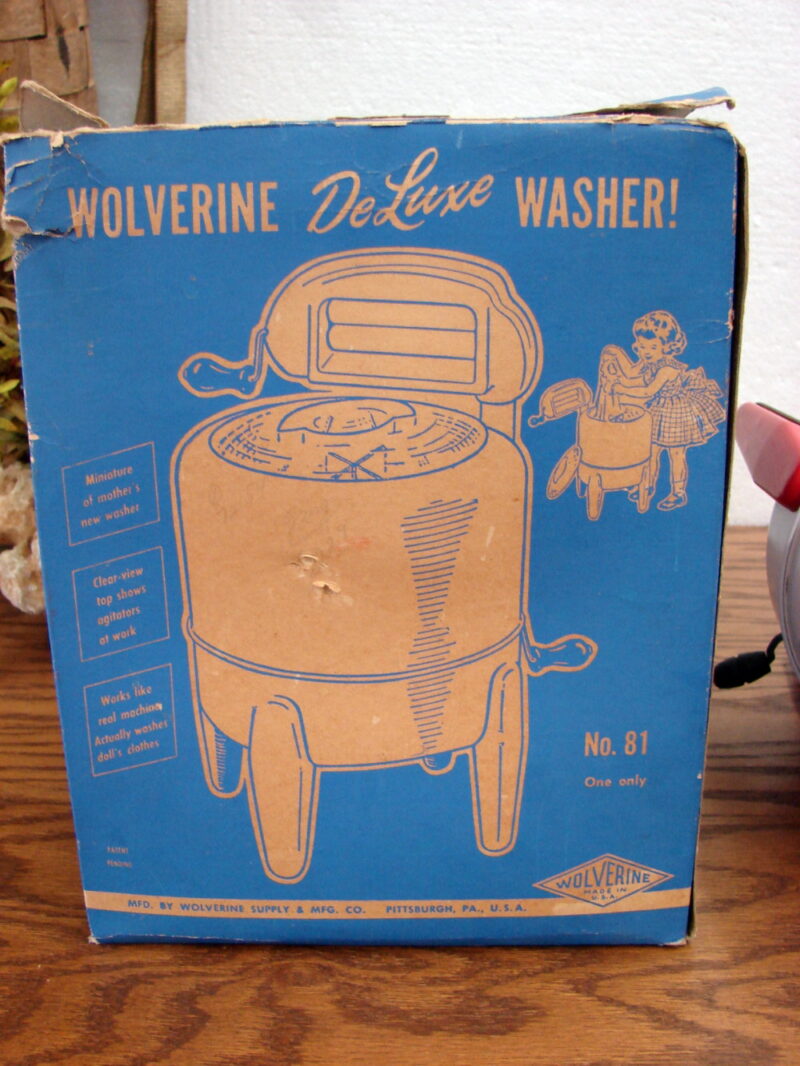 Vintage Tin Toy Wolverine Deluxe Wringer Washing Machine w/ Original Box, Moose-R-Us.Com Log Cabin Decor