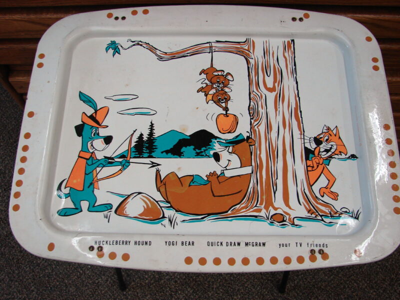 Vintage 1960&#8217;s Hanna-Barbera Yogi Bear Huckleberry Hound TV Tray W/ Stand, Moose-R-Us.Com Log Cabin Decor