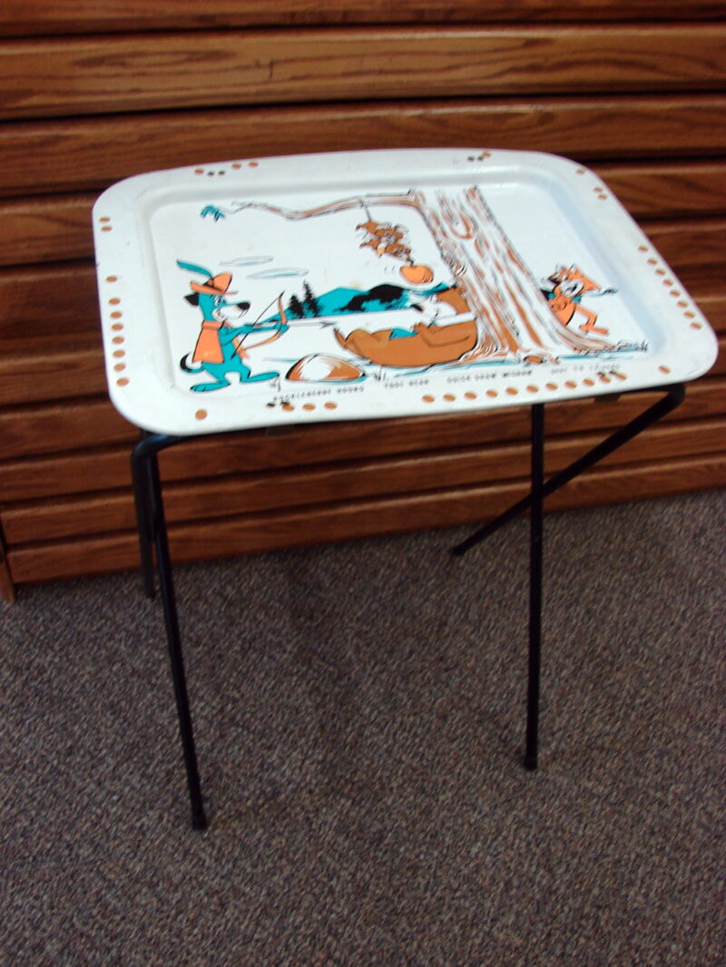 Vintage 1960&#8217;s Hanna-Barbera Yogi Bear Huckleberry Hound TV Tray W/ Stand, Moose-R-Us.Com Log Cabin Decor